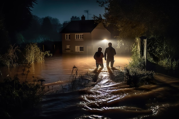 Une famille essayant de naviguer dans l'inondation qui a causé la destruction et inondé les rues générative ai