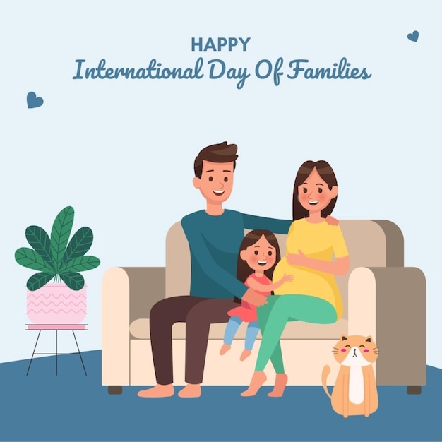 une famille est assise sur un canapé avec un enfant et les mots journée internationale du bonheur