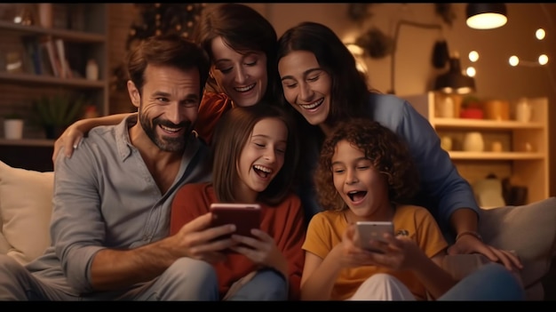 Une famille est assise sur un canapé et sourit à la caméra.