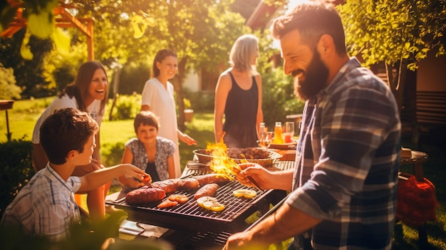 La famille est assise dans le jardin à table Generative AI