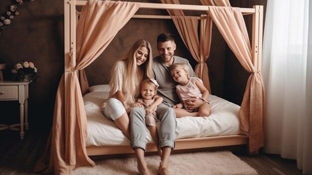 Une famille est assise sur un lit dans une chambre avec un lit à baldaquin.