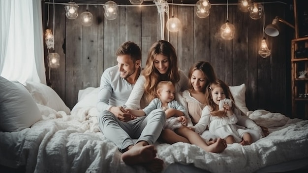 Une famille est assise sur un lit avec une guirlande lumineuse suspendue au plafond