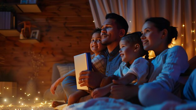 Photo une famille est assise sur un lit et lit un livre ensemble la famille sourit et semble heureuse