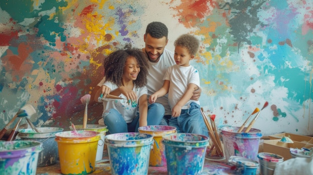 Photo une famille est assise sur le sol devant un mur coloré aig41