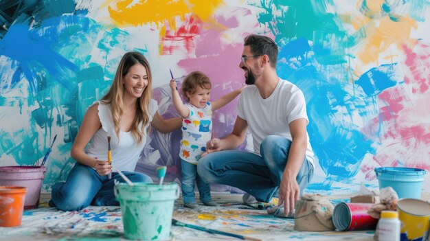 Une famille est assise sur le sol devant un mur coloré AIG41