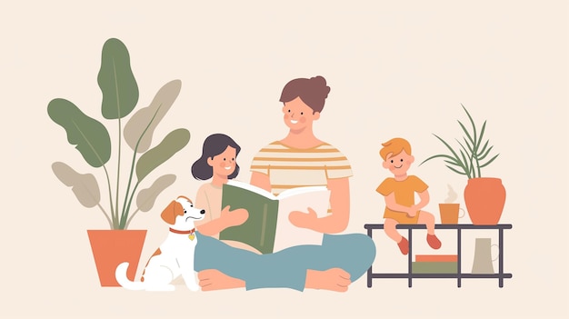 une famille est assise sur le sol et lit un livre