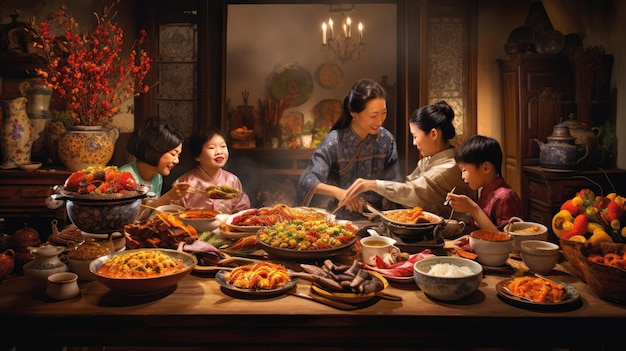 une famille est assise à une table avec de la nourriture.