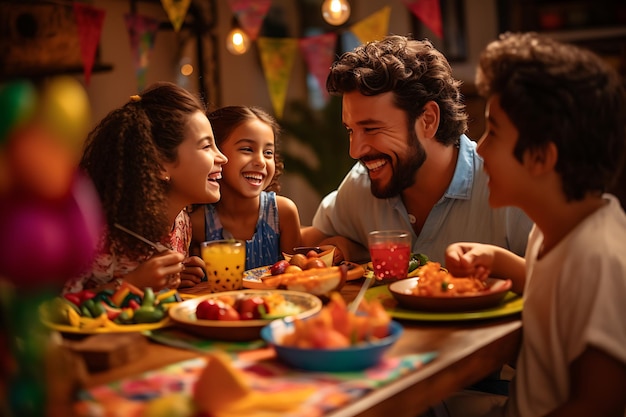 une famille est assise à une table avec un sourire sur le visage et sourit à la caméra