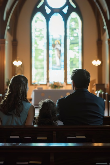 une famille est capturée de derrière alors qu'ils sont assis ensemble dans une église observant attentivement un culte