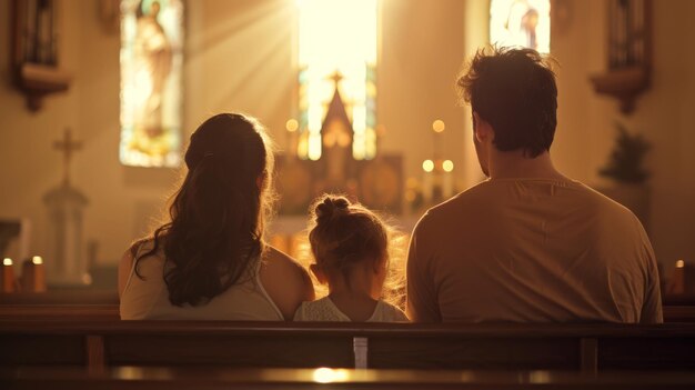 Photo une famille est capturée de derrière alors qu'ils sont assis ensemble dans une église observant attentivement un culte