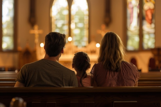 Photo une famille est capturée de derrière alors qu'ils sont assis ensemble dans une église observant attentivement un culte