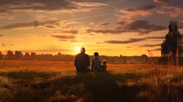 La famille est ensemble sur le pré, magnifique coucher de soleil, profitant de la vue ensemble.