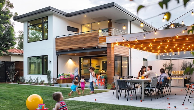 une famille est à l'extérieur d'une maison avec beaucoup de lumières sur le toit