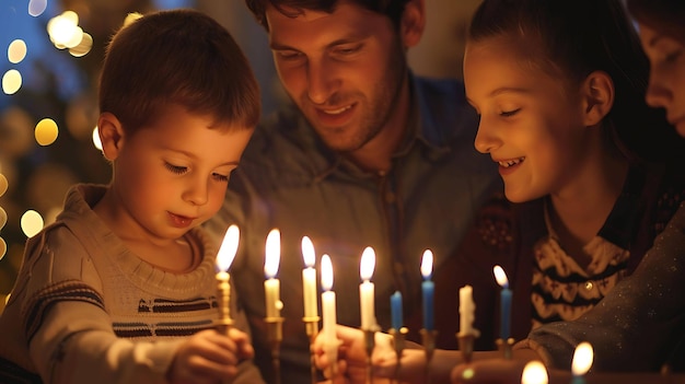 Une famille est rassemblée autour d'une ménora. Le père tient la ménora et allume les bougies.
