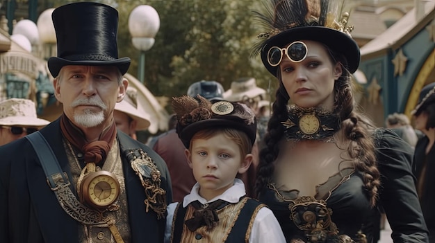 La famille est transportée dans un monde fantaisiste et magique de Steampunk où l'imagination et l'innovation se rencontrent dans un mélange étonnant d'inspiration victorienne. Généré par l'IA.