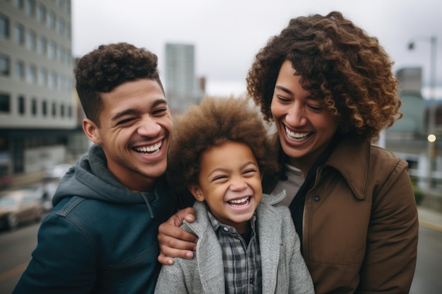 Photo famille avec une expression heureuse à l'extérieur dans une ville ai générée