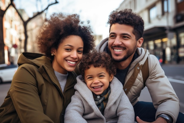 Photo famille avec une expression heureuse à l'extérieur dans une ville générée par ai
