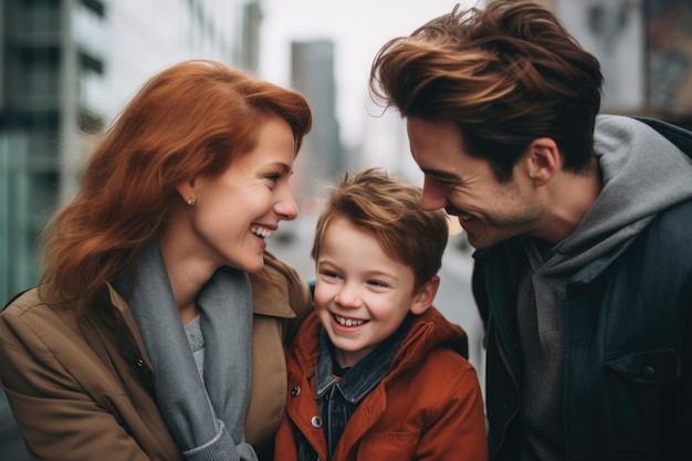 famille avec une expression heureuse à l'extérieur dans une ville générée par ai