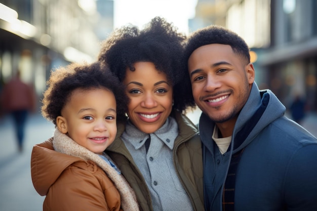 famille avec une expression heureuse à l'extérieur dans une ville générée par ai