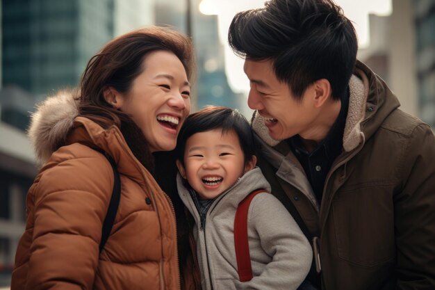 famille avec expression heureuse en plein air dans une ville ai généré