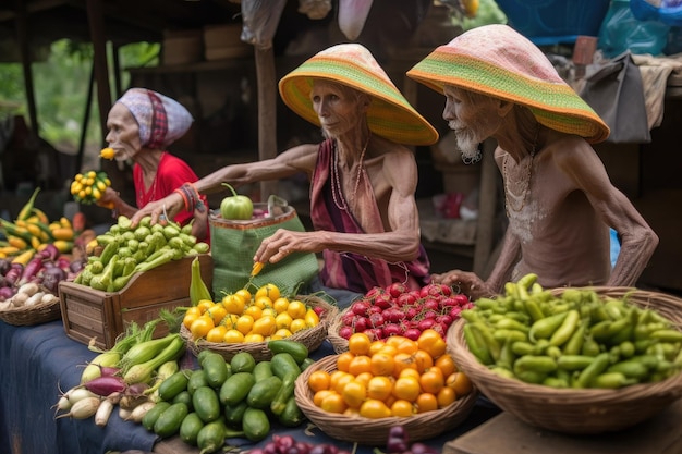 Famille extraterrestre choisissant des produits frais pour un repas créé avec une IA générative