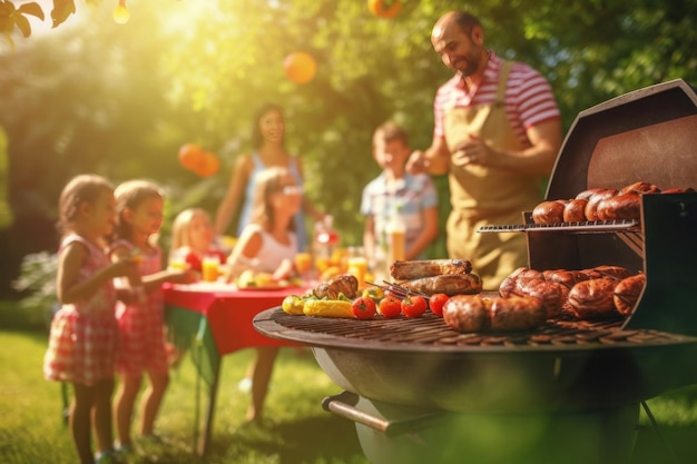 Photo une famille faisant un pique-nique au barbecue dans le jardin s'amusant à manger et à profiter du temps un jour d'été ensoleillé