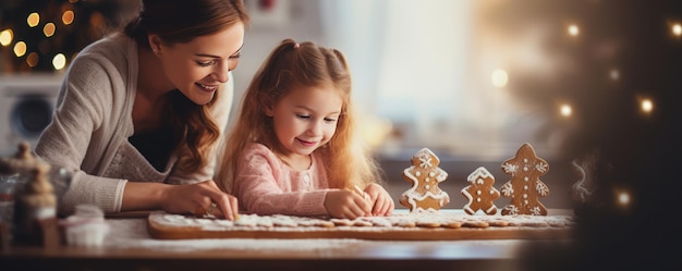 La famille fait du pain d'épice avec les enfants dans la cuisine panorama de Noël Generative Ai