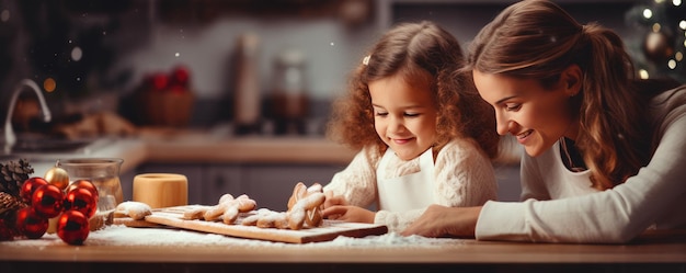 La famille fait du pain d'épice avec les enfants dans la cuisine panorama de Noël Generative Ai