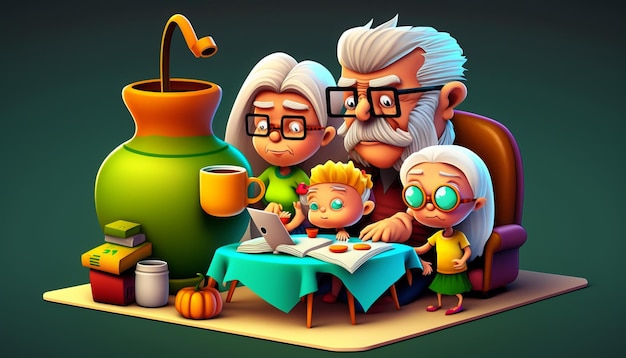 Famille folle colorée de dessin animé 3D. IA générative.