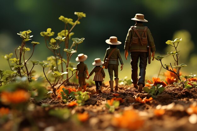 Une famille de gens en miniature se promènent dans le jardin.