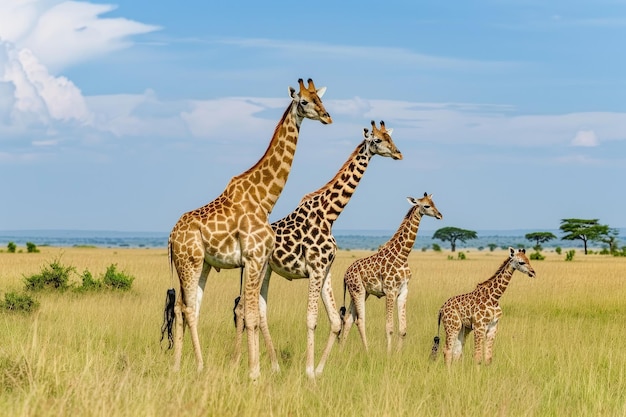 Une famille de girafes paissent dans la savane