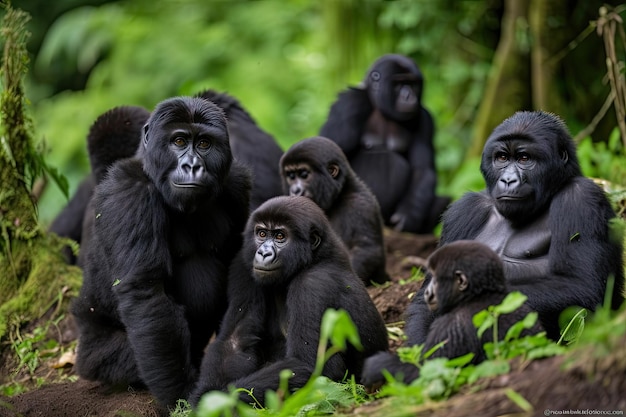 Famille de gorilles avec mère et bébé entourés d'autres gorilles créés avec une IA générative