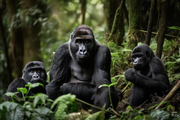 Famille de gorilles avec mère et sa progéniture dans une forêt luxuriante créée avec une IA générative