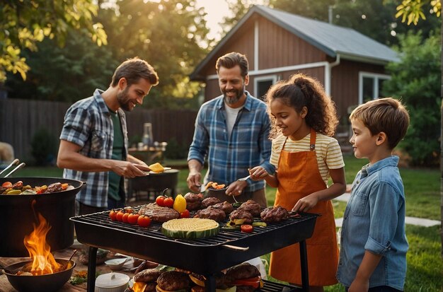 Photo une famille grille des hamburgers ensemble dans l'arrière-cour