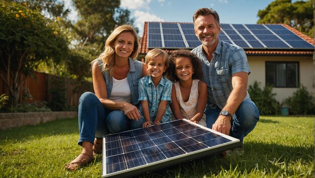 Une famille heureuse admirant leur panneau solaire nouvellement installé à la maison