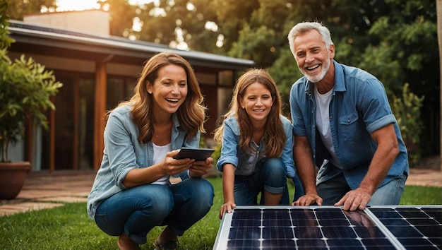 Une famille heureuse admirant leur panneau solaire nouvellement installé à la maison