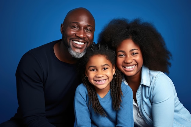 Famille heureuse et aimante homme noir femme et fille assis sur le sol isolés sur le mur bleu du studio