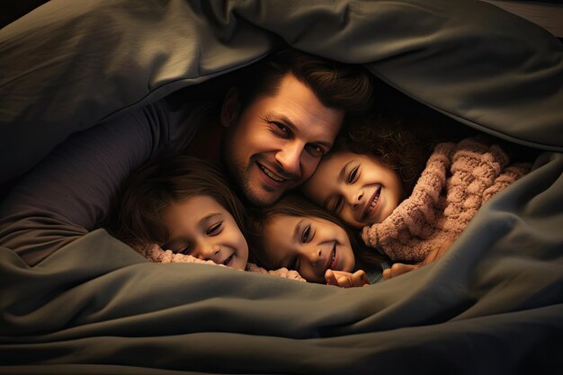 Une famille heureuse allongée sous une couverture sur un lit à la maison.