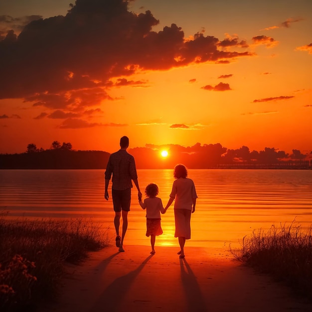 Une famille heureuse au bord du lac au coucher du soleil.