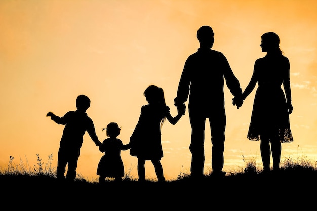 Photo famille heureuse au bord de la mer sur fond de silhouette nature