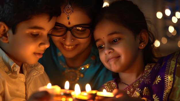 Une famille heureuse célèbre Diwali la mère tient un diya le fils tient des étincelles et la fille regarde le diya