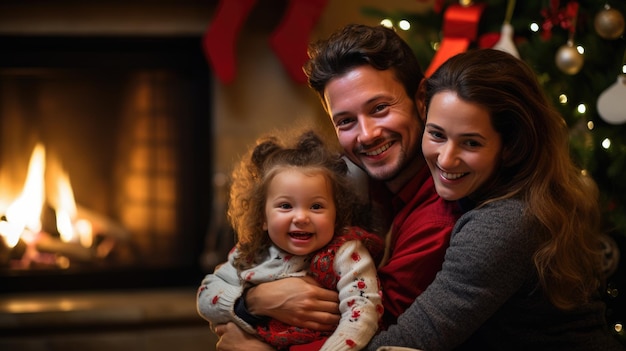 Une famille heureuse célèbre Noël chez elle avec un arbre de Noël et une cheminée en arrière-plan.