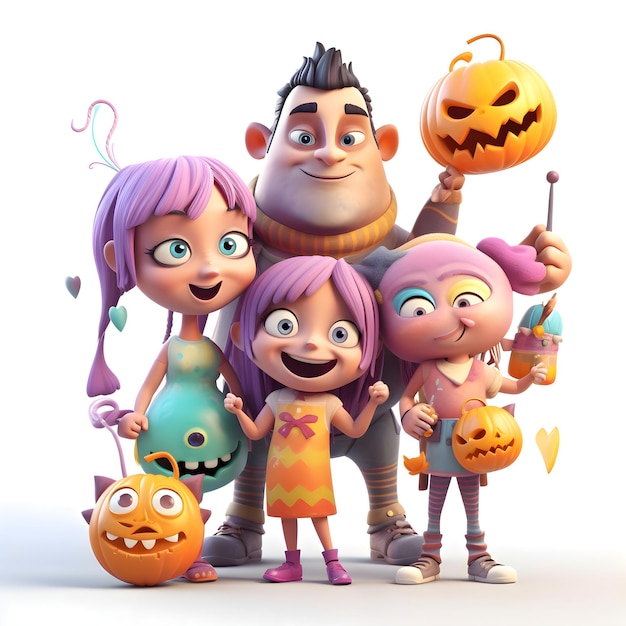 Famille heureuse avec des citrouilles d'Halloween sur fond blanc illustration 3D