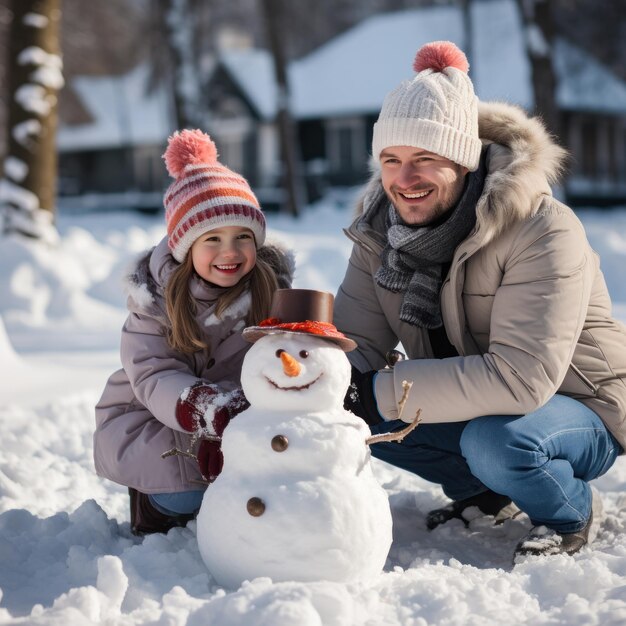 Famille heureuse construisant un bonhomme de neige devant leur maison