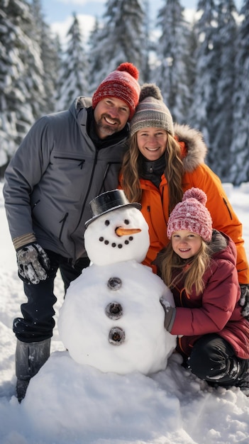 Photo famille heureuse construisant un bonhomme de neige devant leur maison