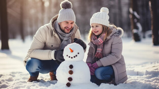 Famille heureuse construisant un bonhomme de neige devant leur maison