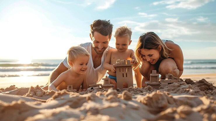 Une famille heureuse construit des châteaux de sable sur la plage.