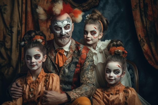 Une famille heureuse en costumes et maquillage pour Halloween créée avec la technologie d'IA générative