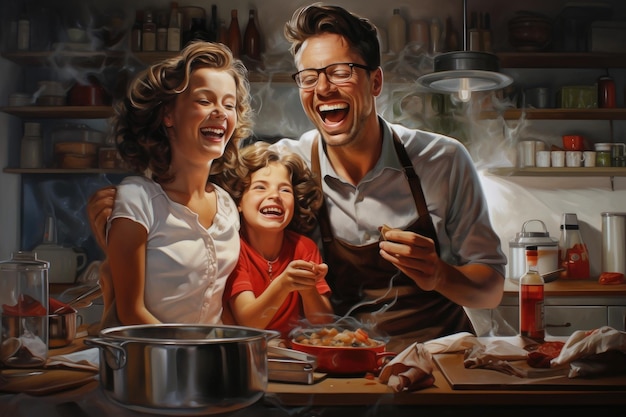 Une famille heureuse cuisinant ensemble dans la cuisine à la maison Une mère, un père et leur petite fille s'amusent Portrait d'une famille heureuse dans la cuisine de la maison Généré par l'IA