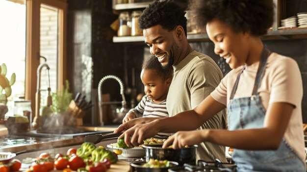 Photo une famille heureuse cuisine ensemble dans la cuisine. ils sourient et rient pendant qu'ils préparent un repas.